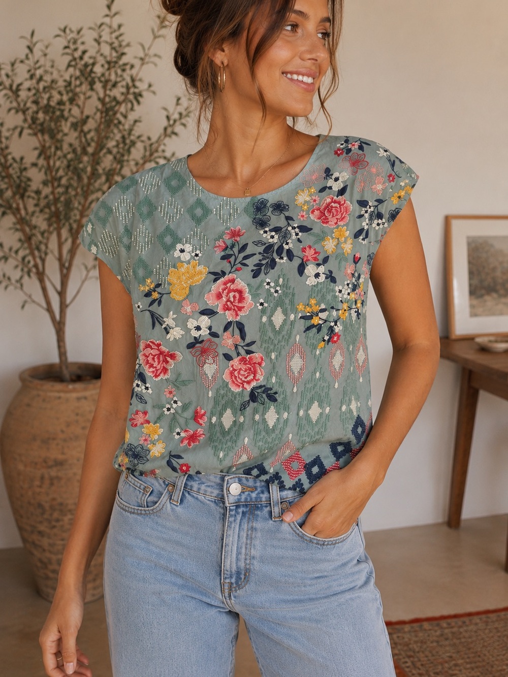 Savanna Jane Sage Floral Embroidered Boho Top Small - Picture 1 of 4